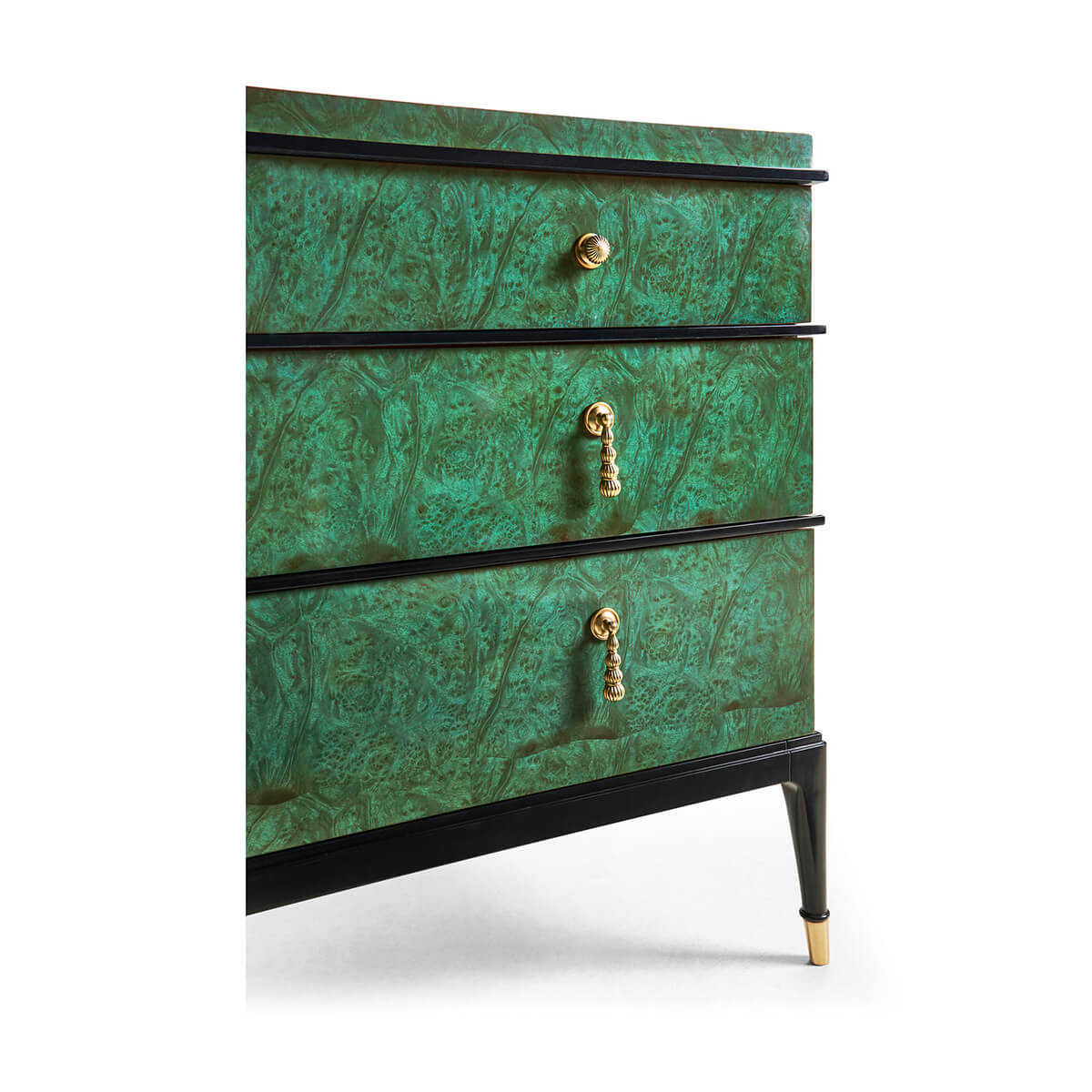 Front view of dresser's drawers and handles.