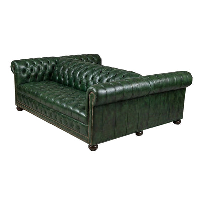 Double-sided Chesterfield sofa, emerald green leather, side view.