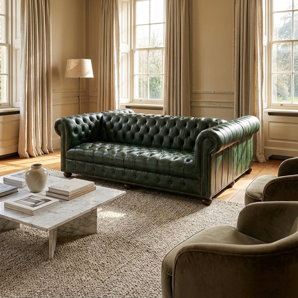 Chesterfield sofa in room, emerald green leather upholstery.