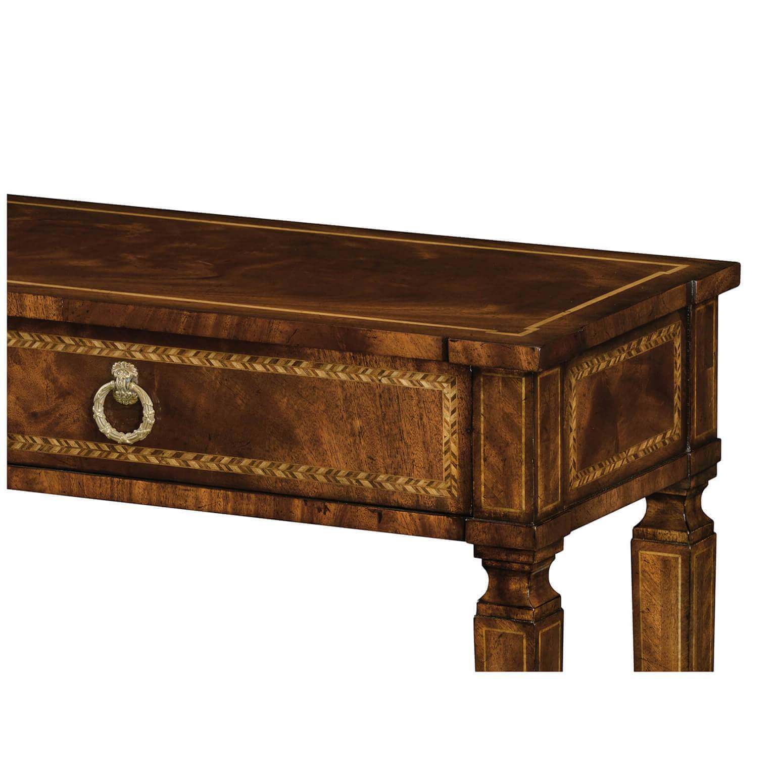 Close-up of Empire Mahogany Console Table corner and drawer.