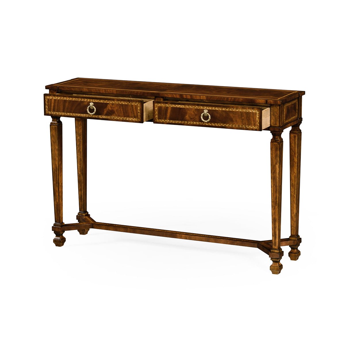Angled view of Empire Mahogany Console Table, elegant legs.