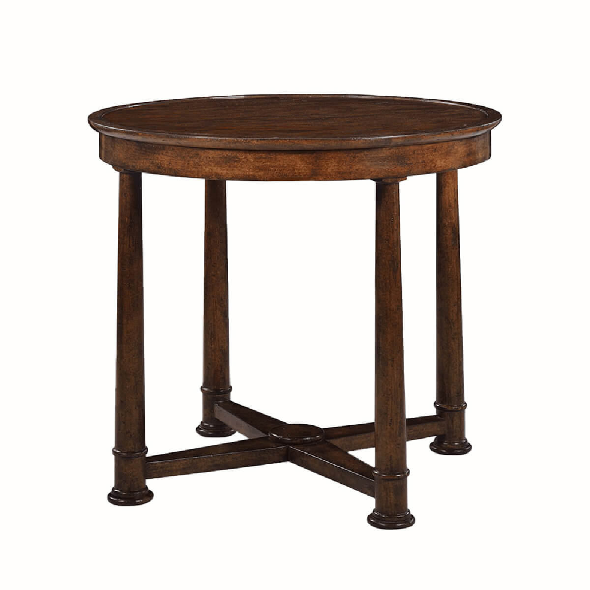 Empire style round side table, three-quarter view.