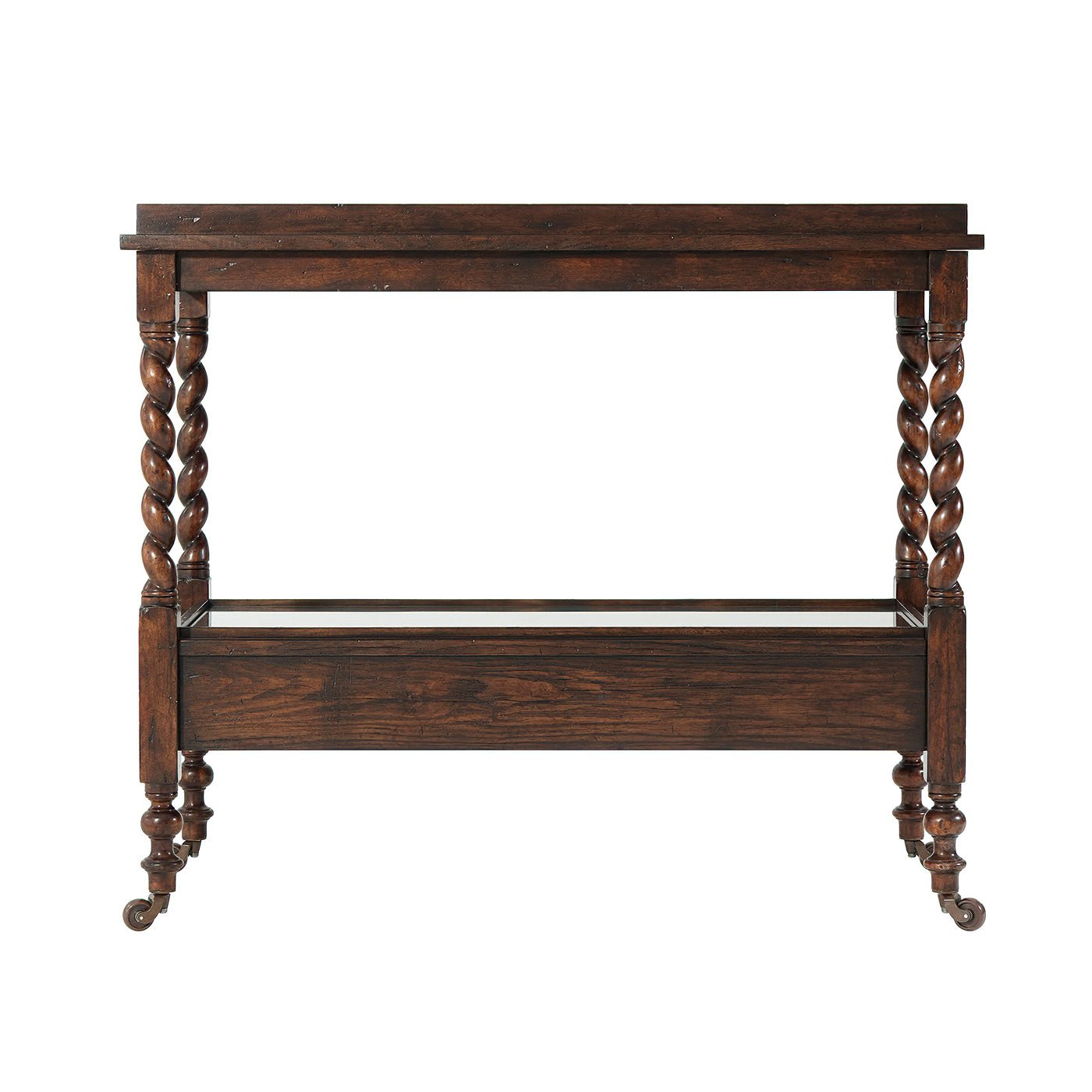 Rear view of antique serving table with decorative elements.