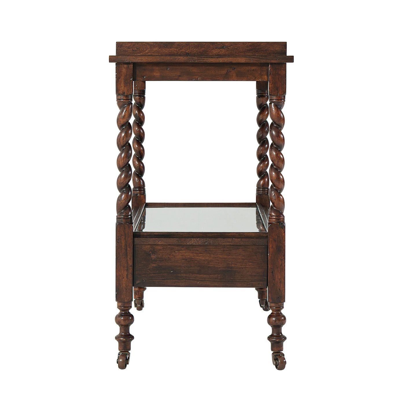 Side view of antique serving table with spiral legs.