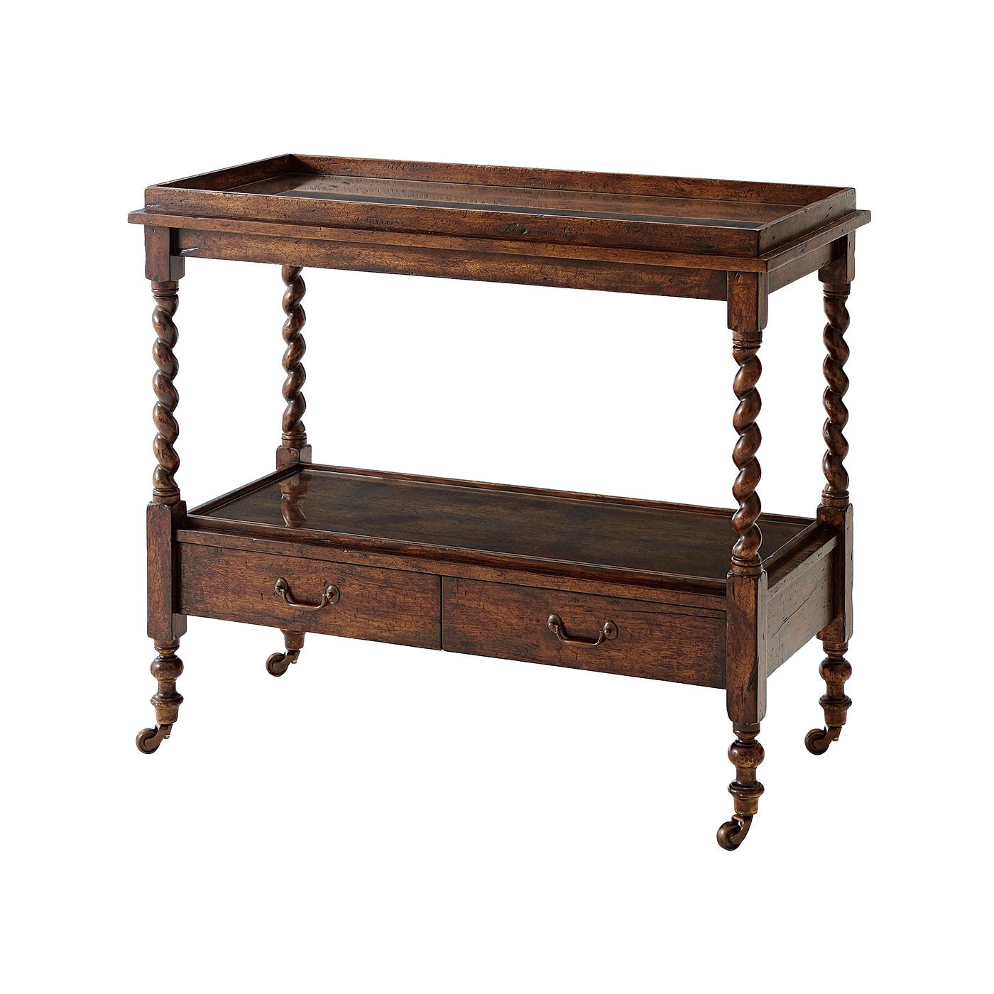 Antique serving table with twisted legs, top view.