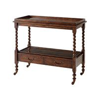 Antique serving table with twisted legs, top view.