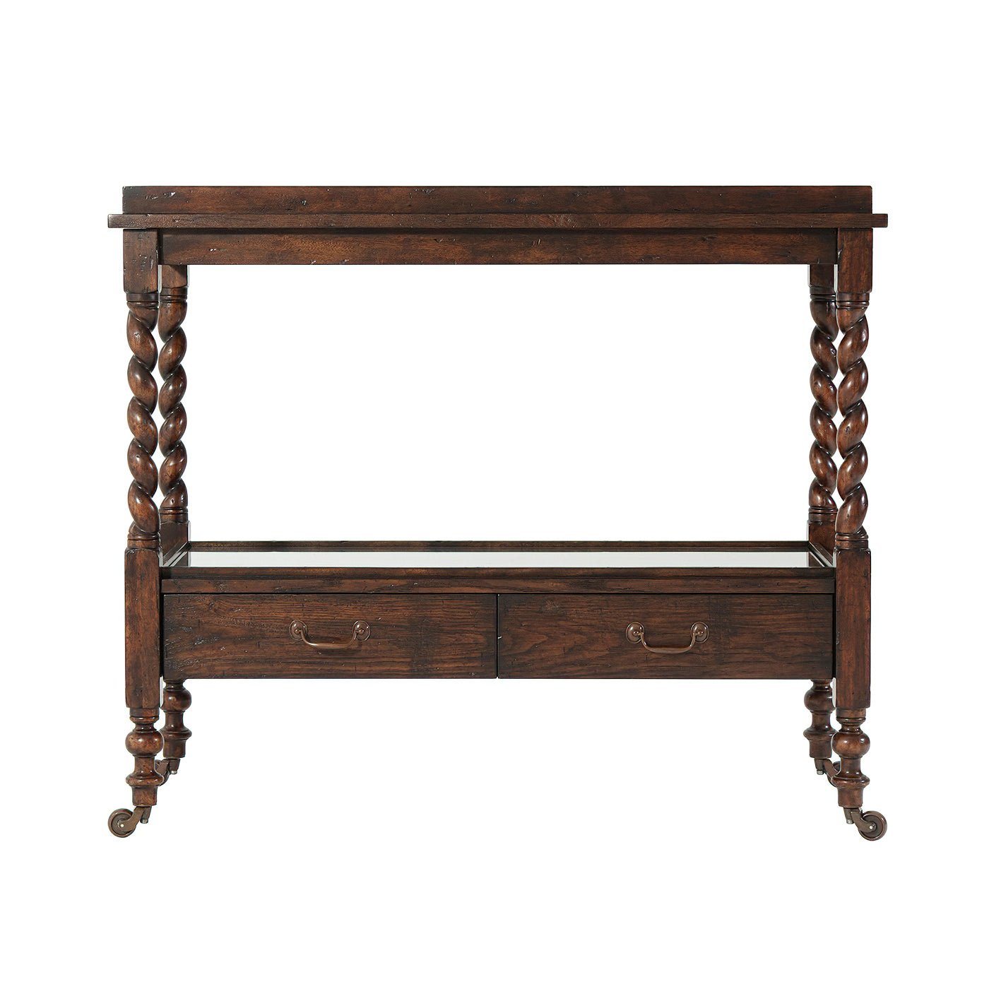 Antique serving table front view, showcasing drawers.