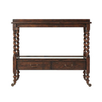 Antique serving table front view, showcasing drawers.