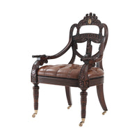 Antique-style armchair front view with leather seat.