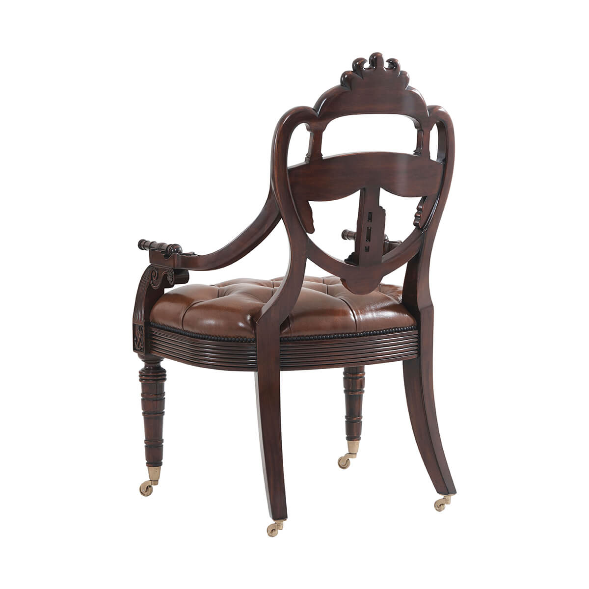 Armchair back view showing detailed woodwork.