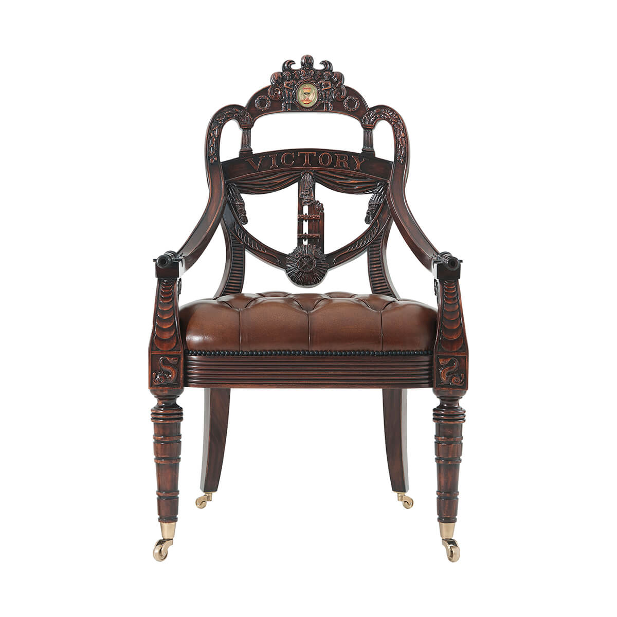 Front view of armchair featuring "Victory" carving.