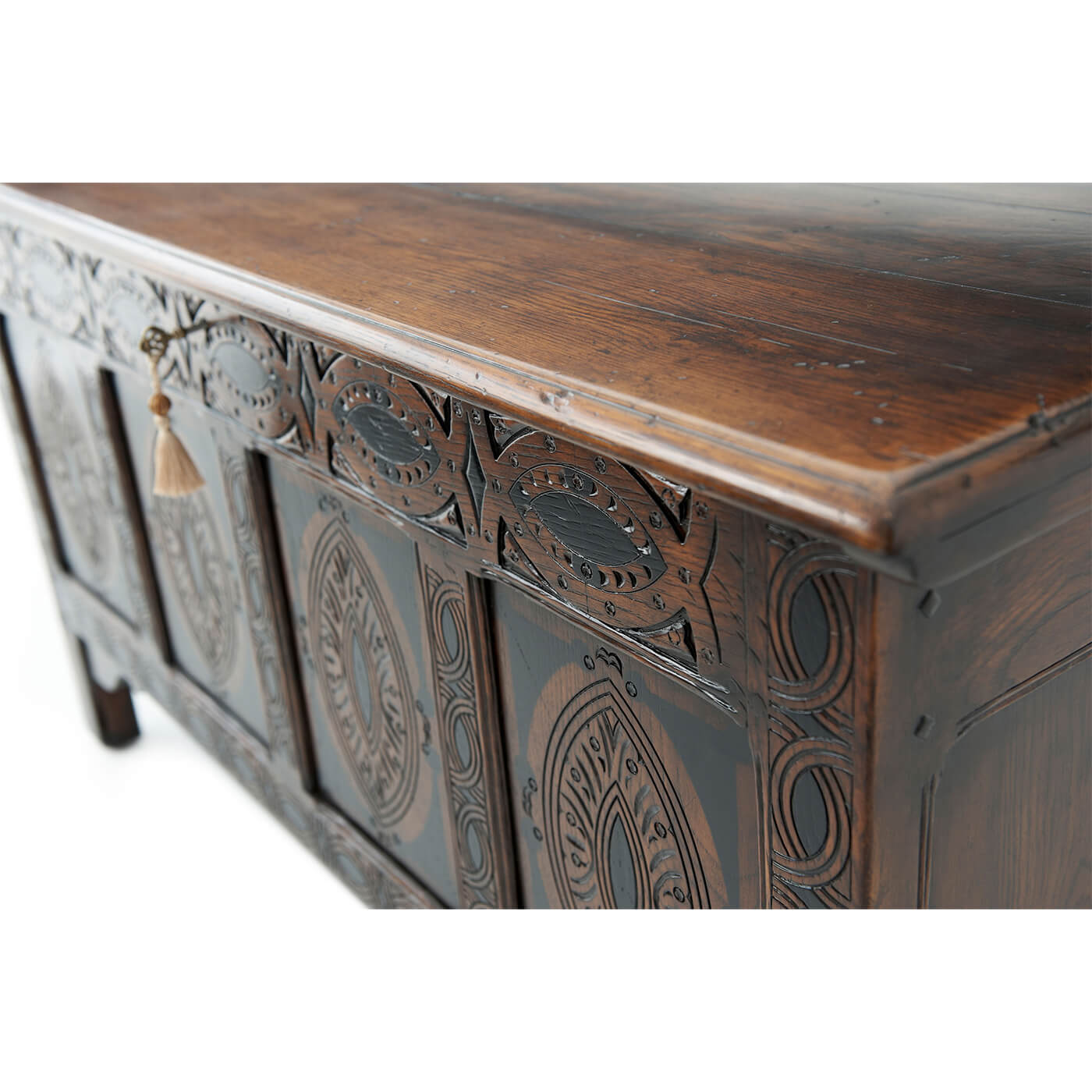 Top edge of English blanket chest showing craftsmanship.