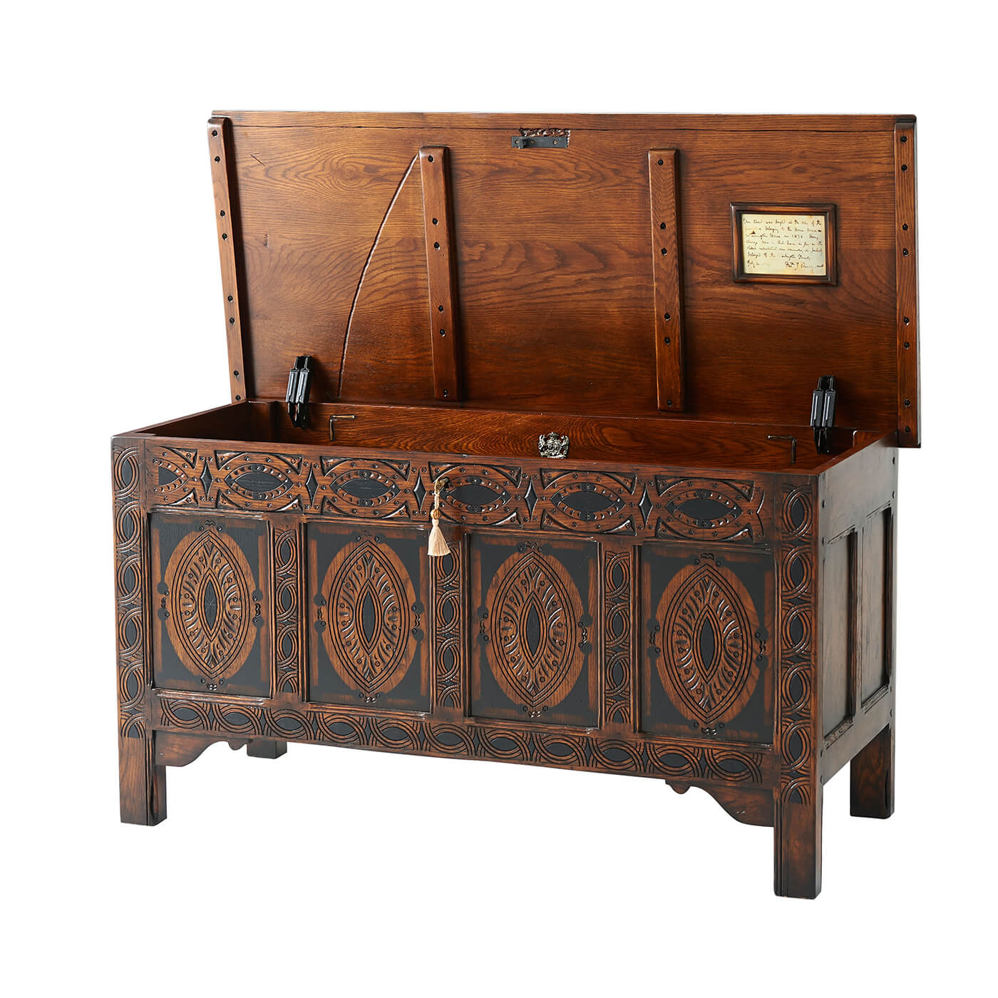 Open English blanket chest revealing interior and details.