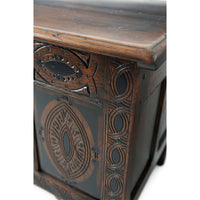 Close-up of English blanket chest corner carvings.