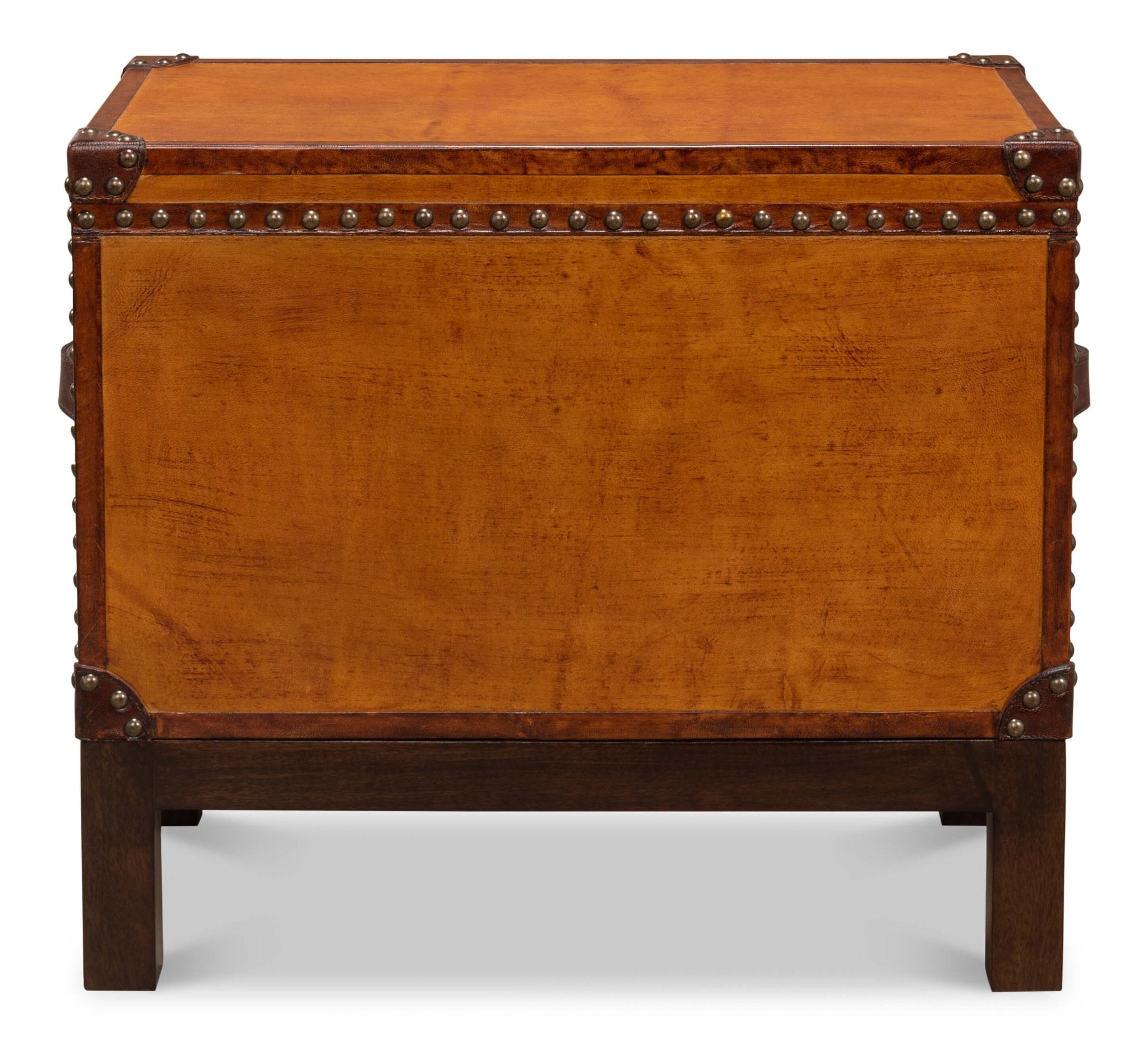 Back view of English Campaign decorative box on stand.