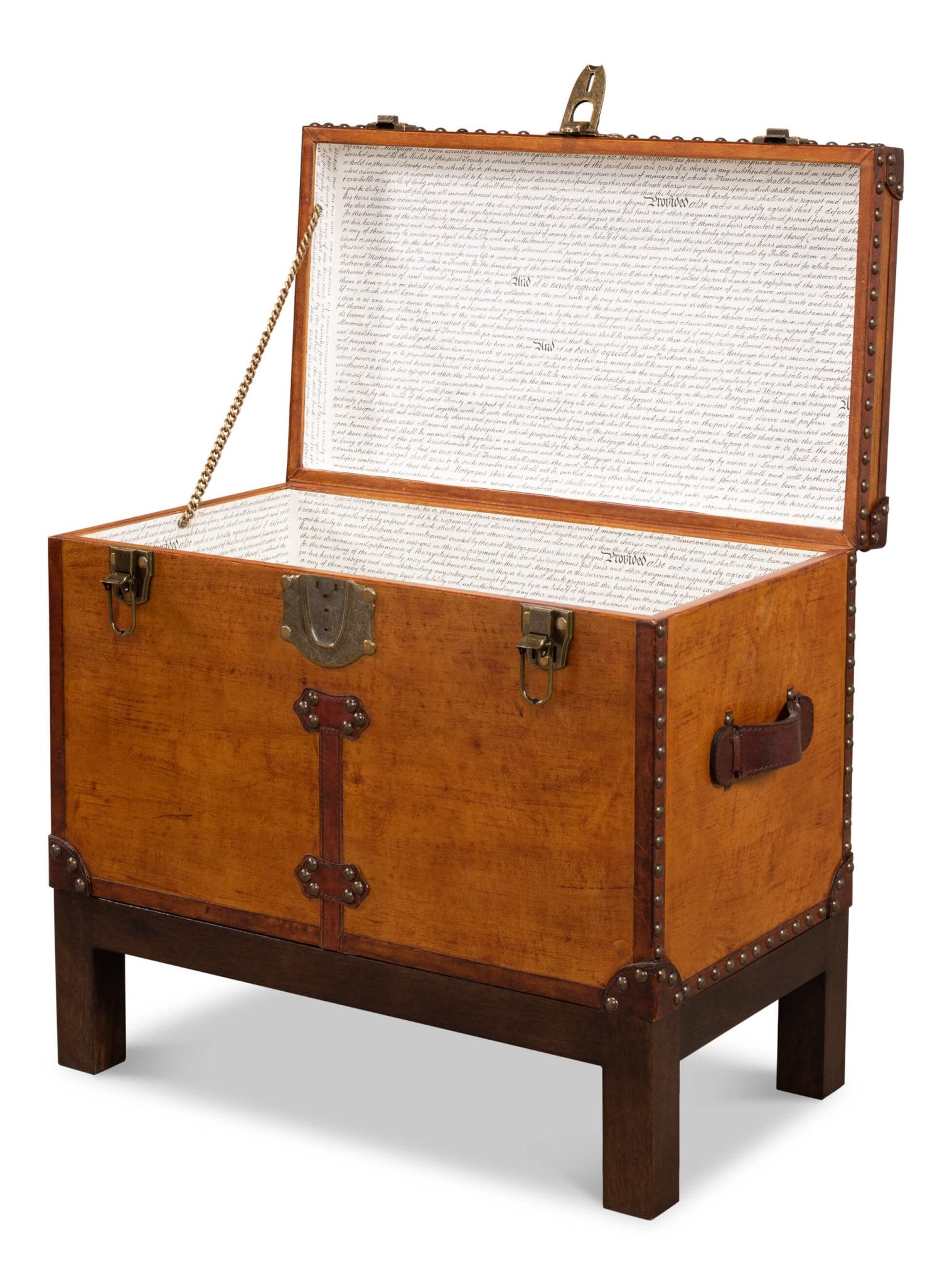 Open English Campaign box showing interior lining and chain.