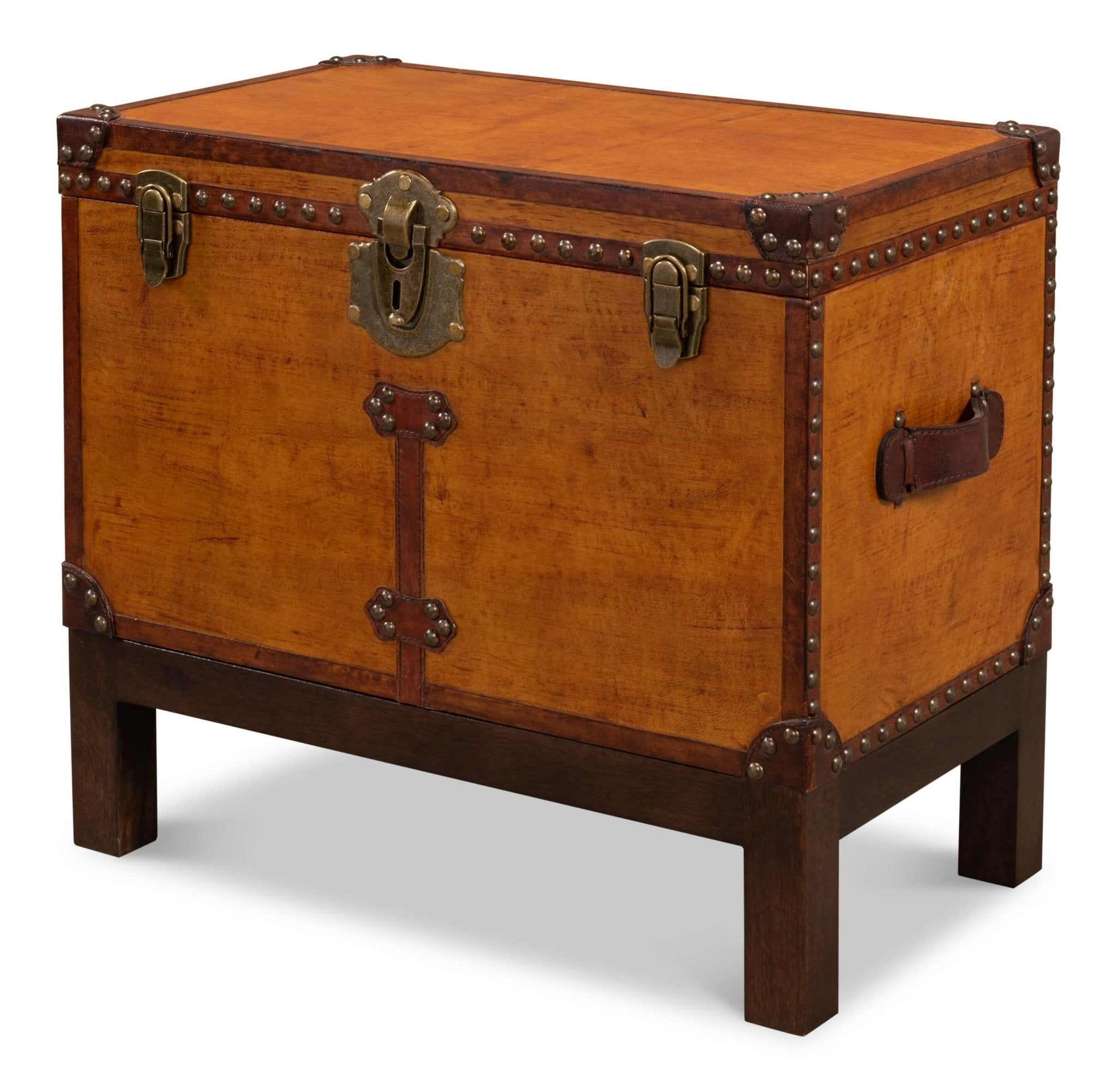 Front view of English Campaign decorative box on stand.