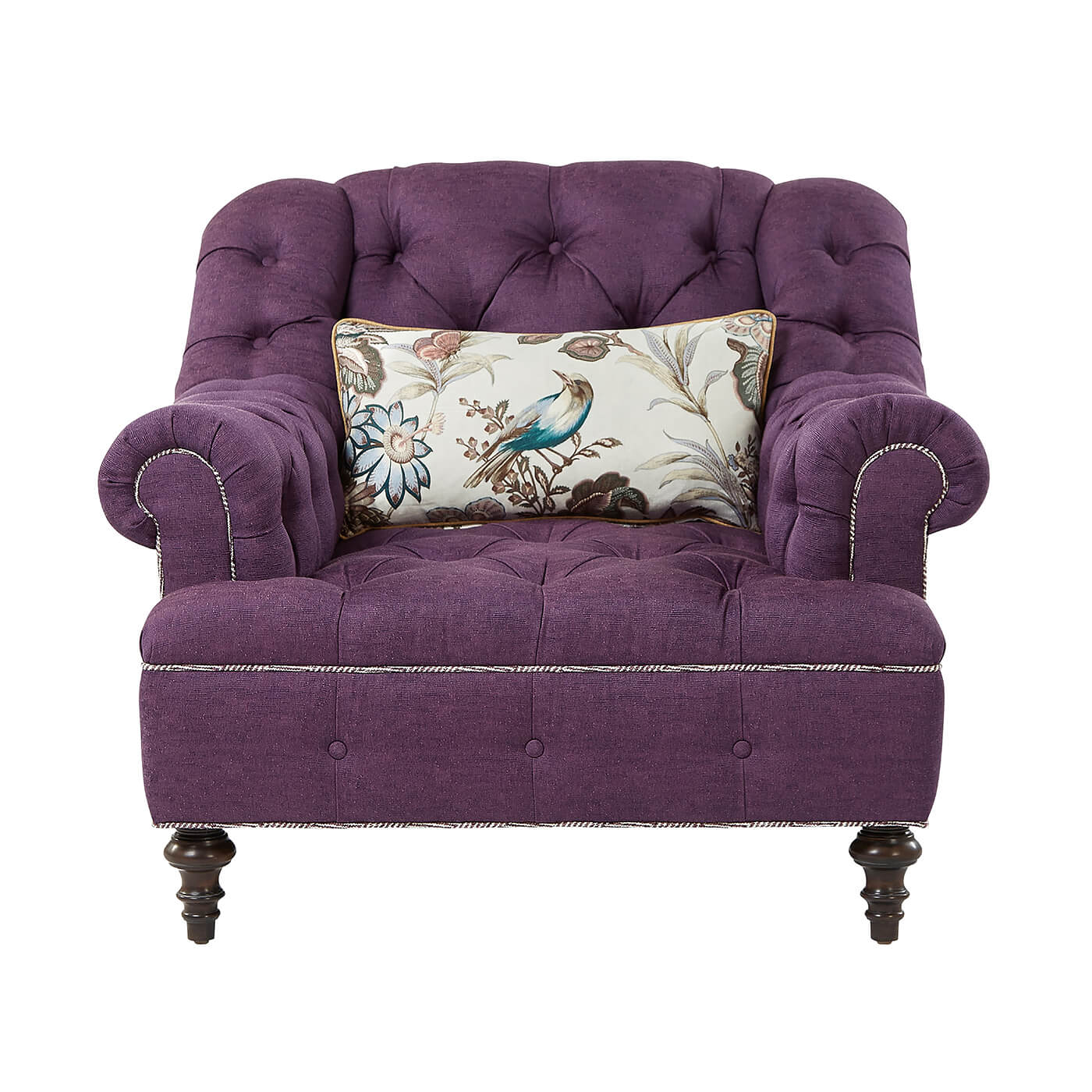 Front view of purple tufted club chair with cushion.