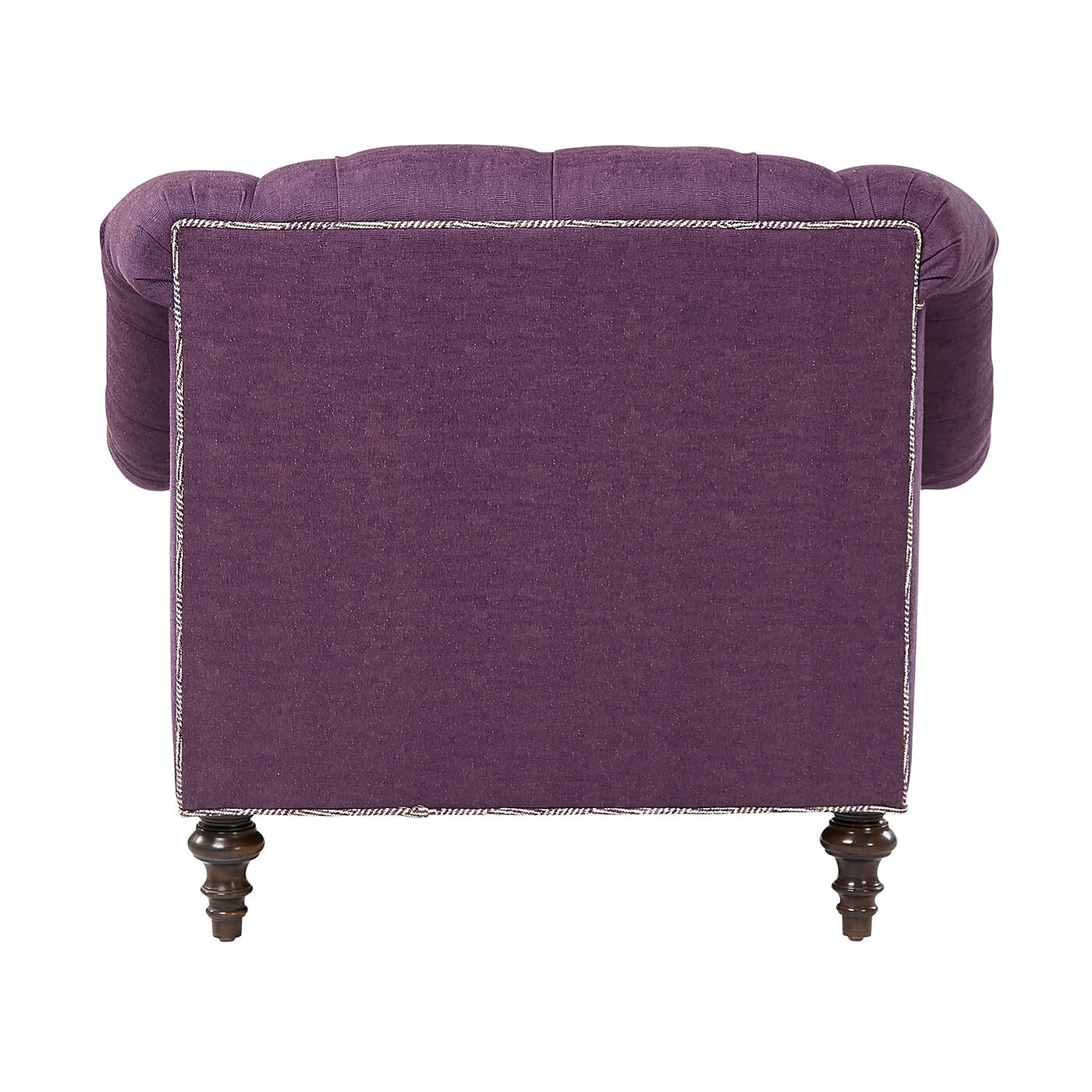 Back view of purple tufted club chair.