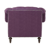 Back view of purple tufted club chair.