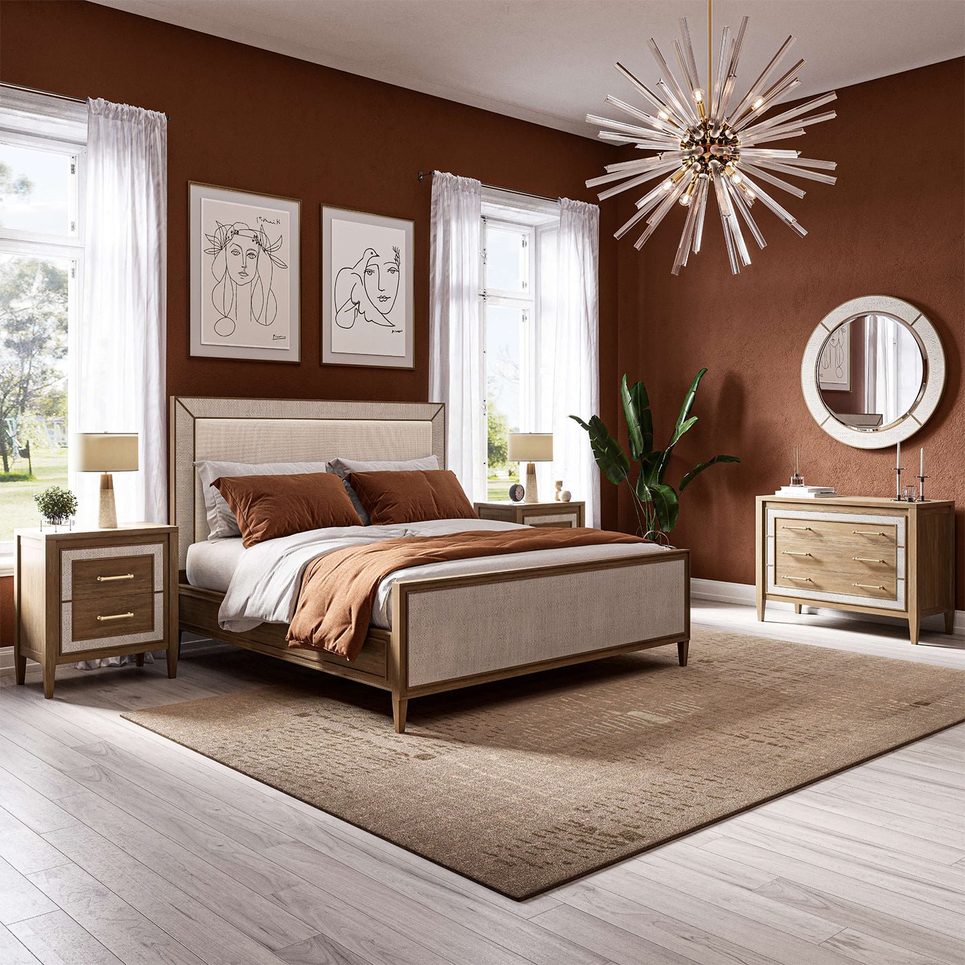 Bedroom with chest of drawers, bed, large window.