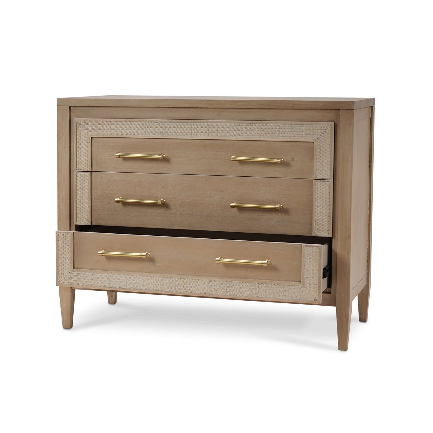 Chest of drawers with open drawer, showing interior.