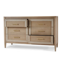 Open drawers of the English modern dresser in wood.