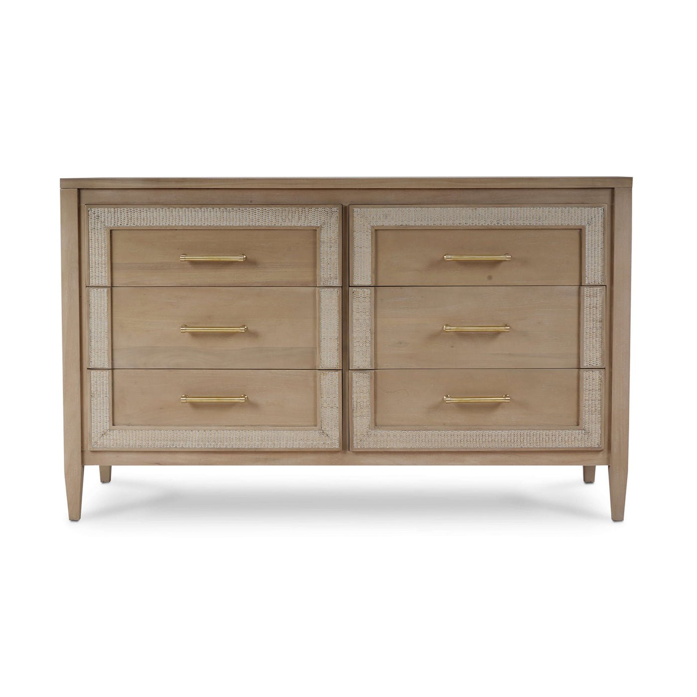 Front view of coastal modern dresser with six drawers.
