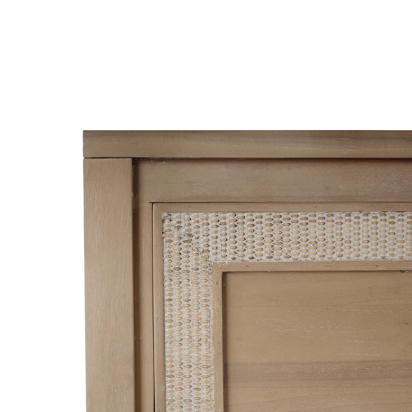 Corner detail of coastal dresser showing woven texture.
