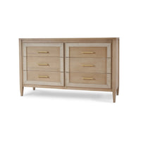 Light wood modern dresser with gold handles, front view.