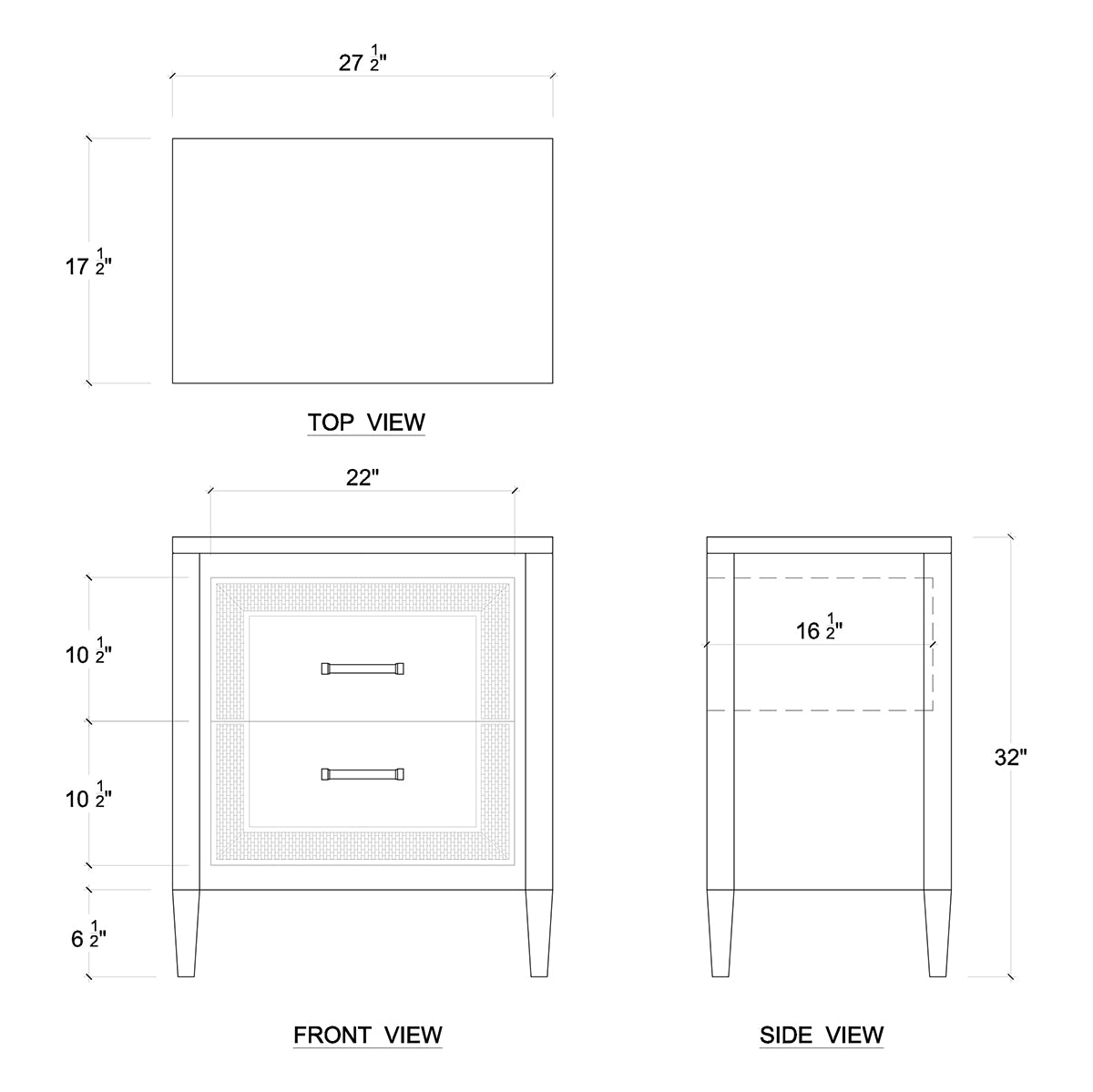 Coastal modern nightstand dimensions and diagram views.