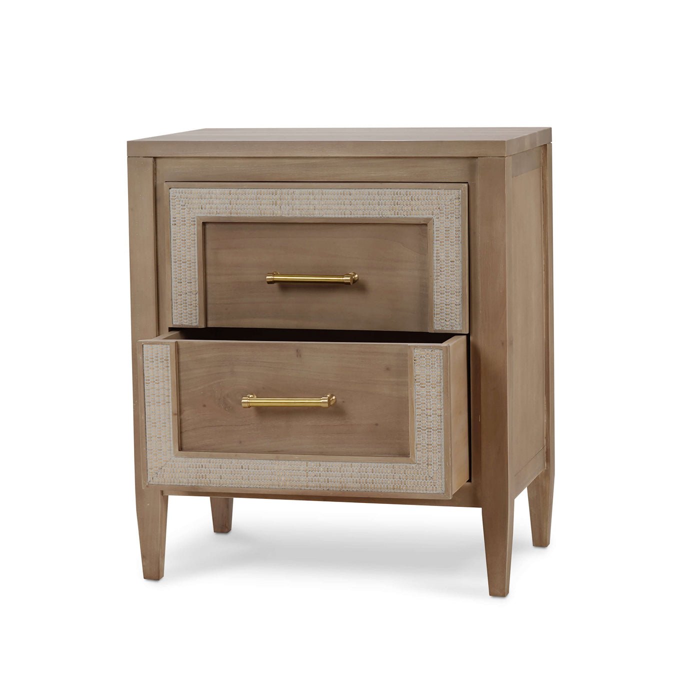 Coastal modern nightstand with one drawer open.