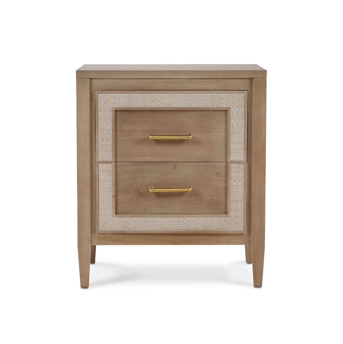 Coastal modern nightstand front view, closed drawers.