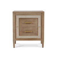 Coastal modern nightstand front view, closed drawers.