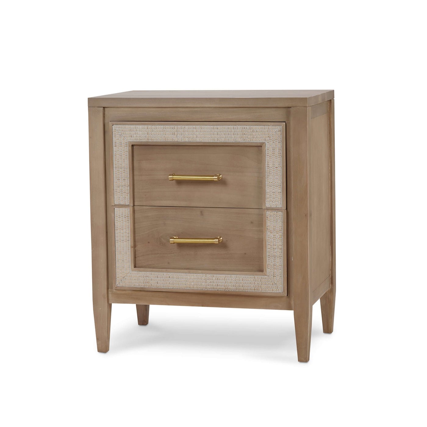 Coastal modern nightstand angled front view with drawers.