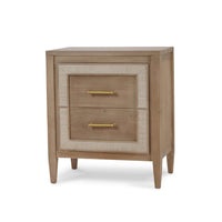 Coastal modern nightstand angled front view with drawers.