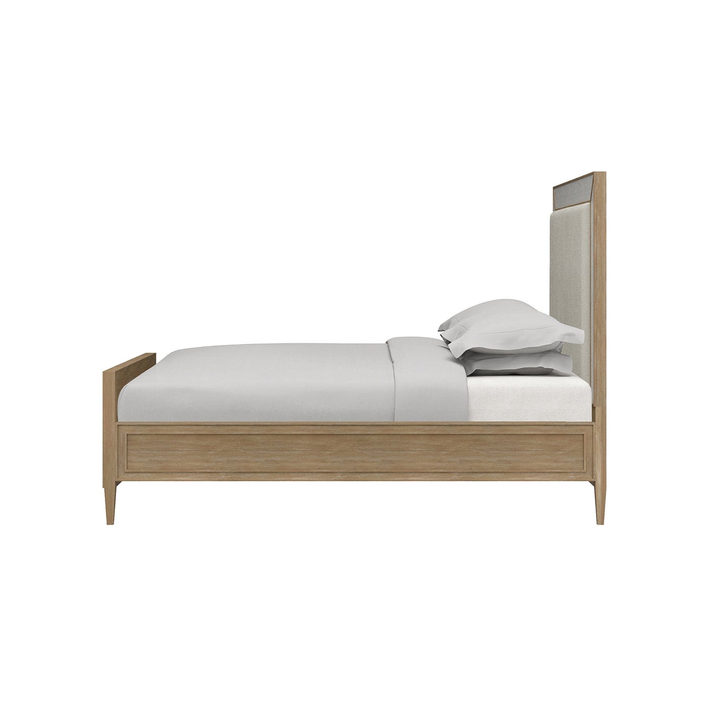 Side view of modern queen bed with mattress.