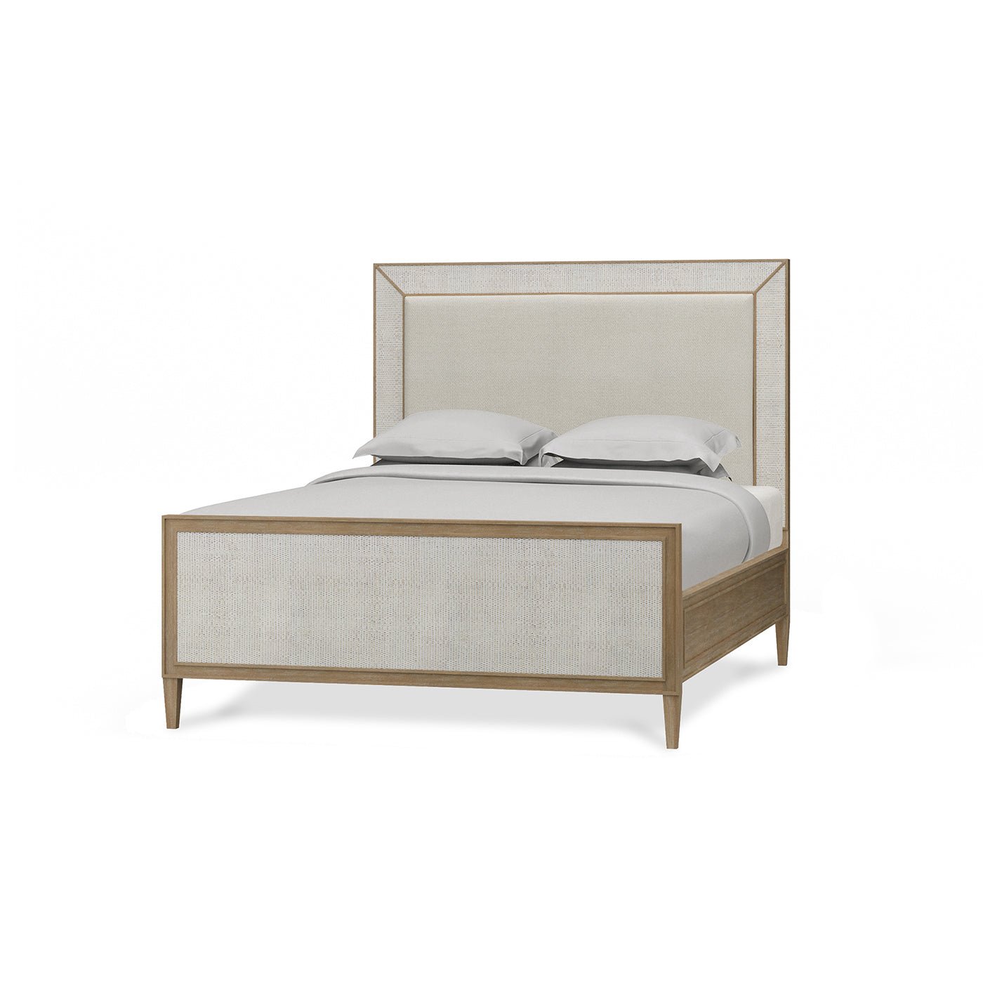 Modern queen bed angled view with bedding.