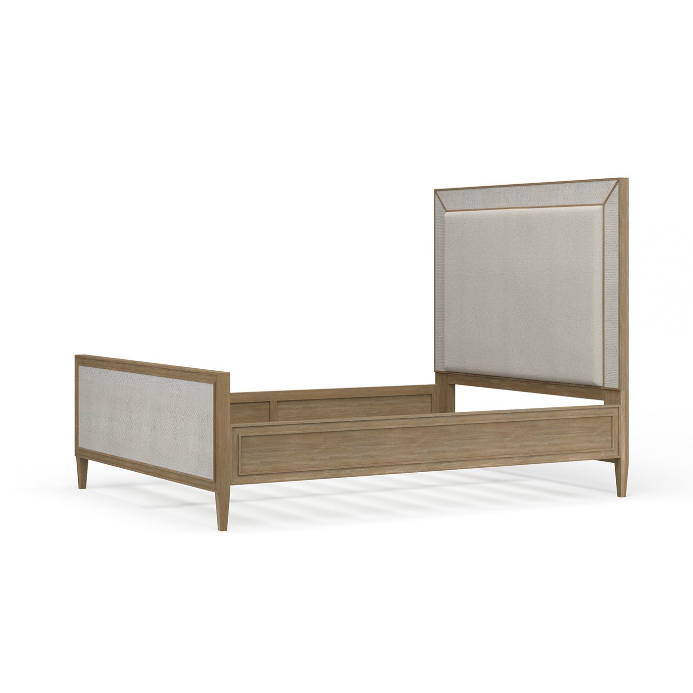 Angled view, modern queen bed frame, no mattress.
