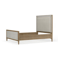 Angled view, modern queen bed frame, no mattress.