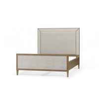 Angled empty modern queen bed frame view.