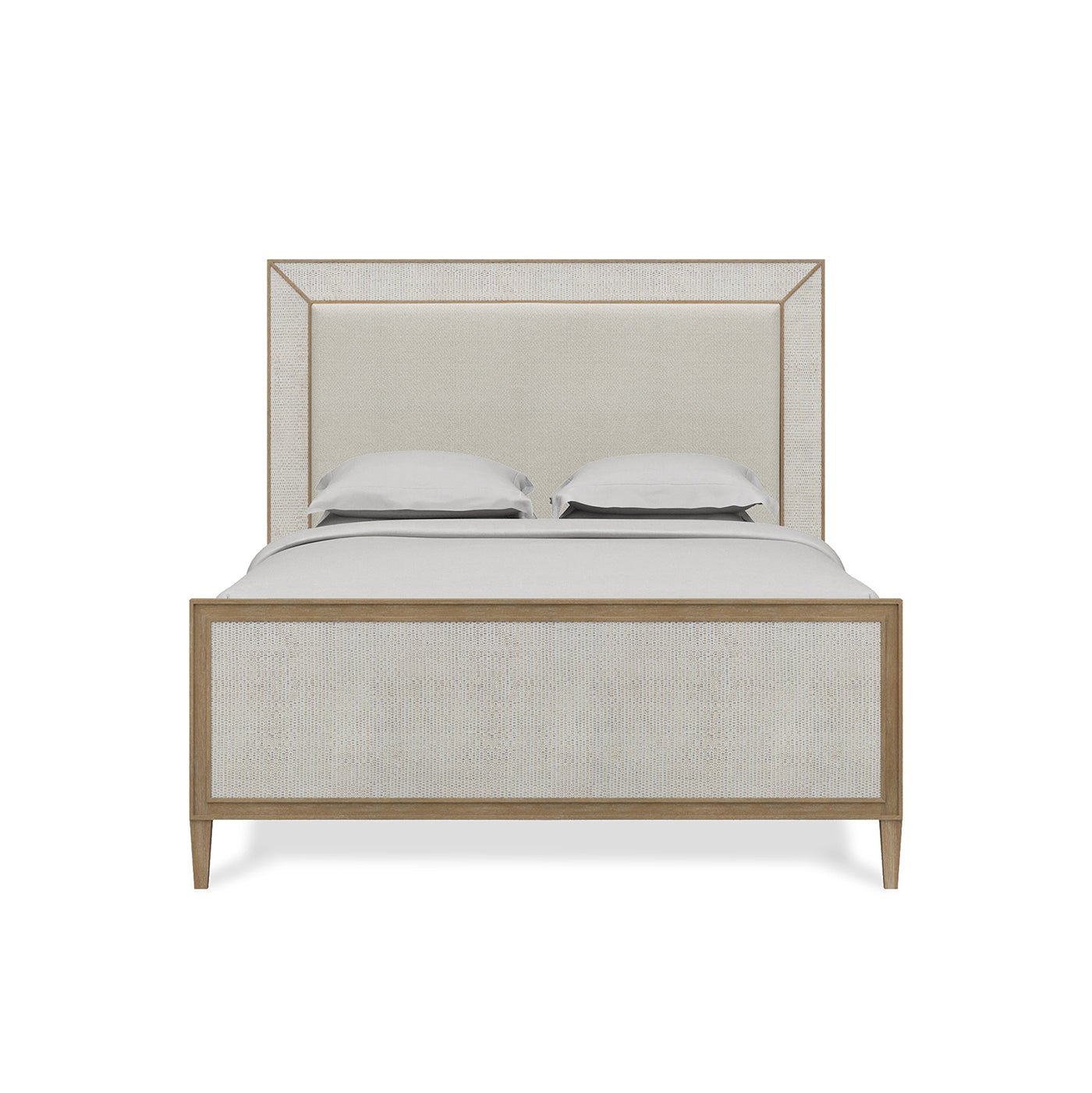Front view of modern queen bed with pillows.