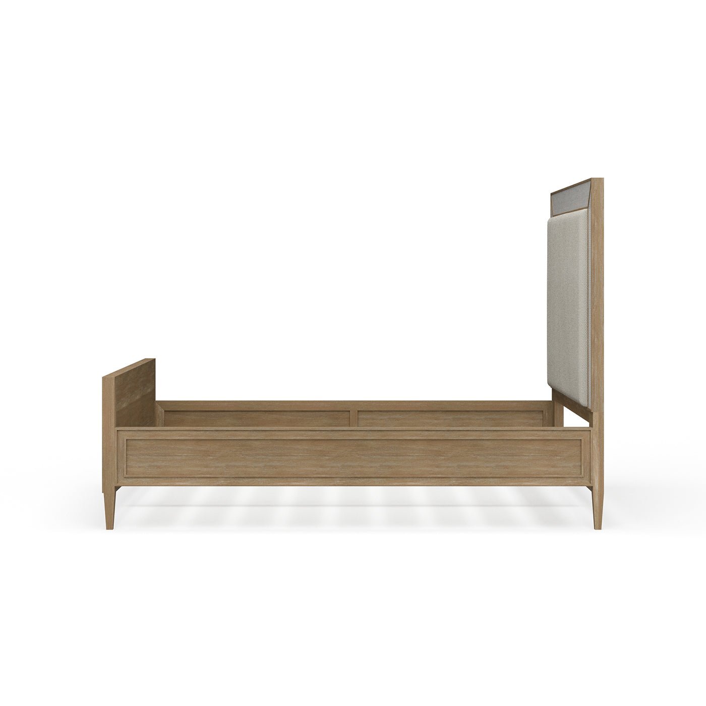 Side view, modern queen bed frame, no mattress.