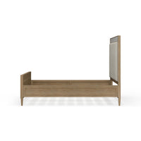 Side view, modern queen bed frame, no mattress.