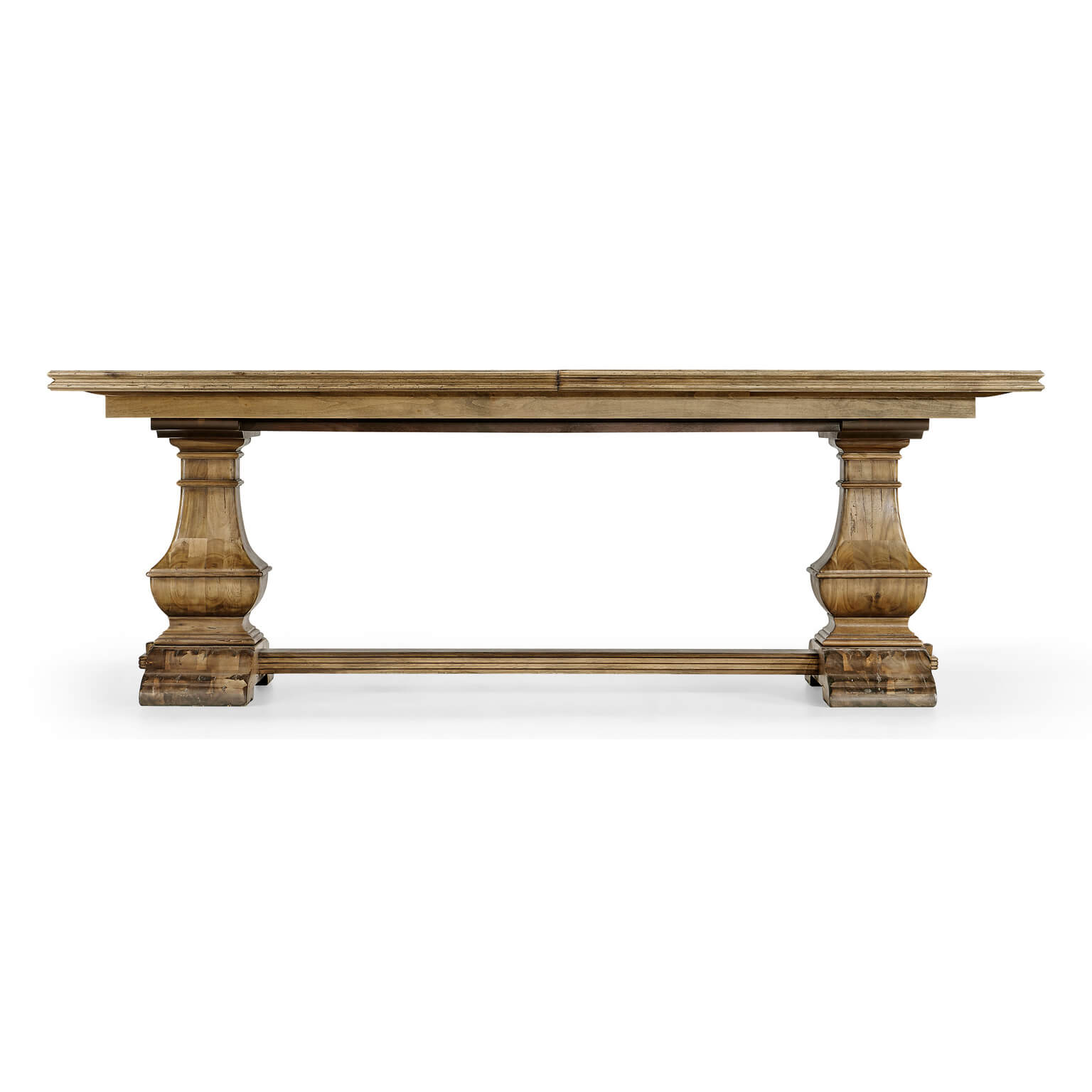 Side view of wooden dining table showcasing pedestal legs.