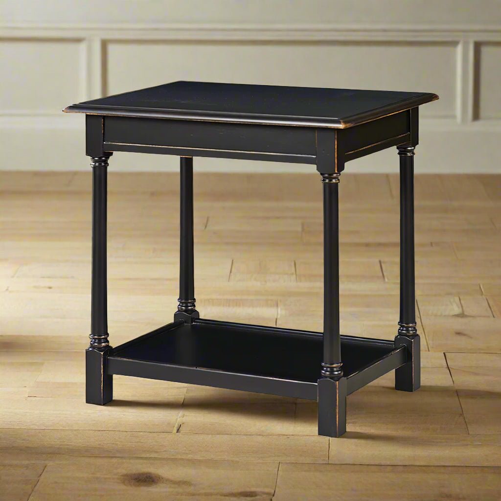 Wooden end table in a room, wooden floor background.
