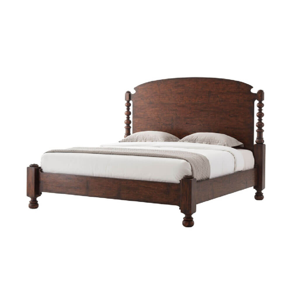 Dark wood king bed without posts, white bedding.
