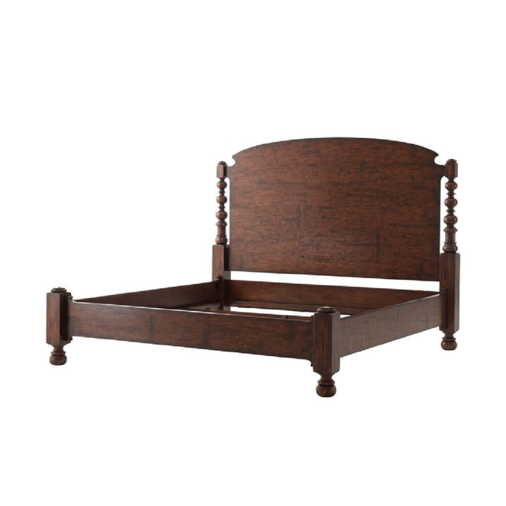 Dark wood king bed frame, no bedding or mattress.