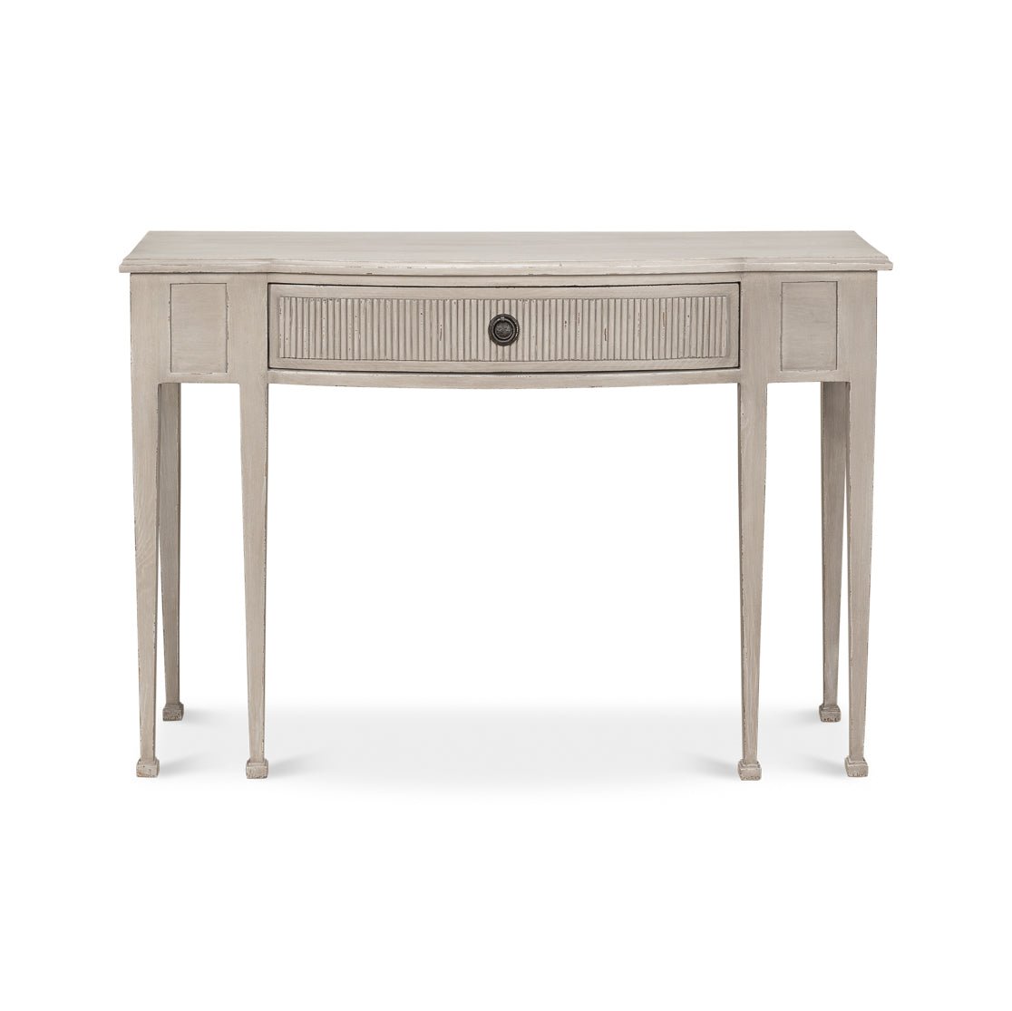 Console table, straight front view, raised drawer visible.