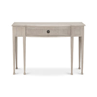 Console table, straight front view, raised drawer visible.